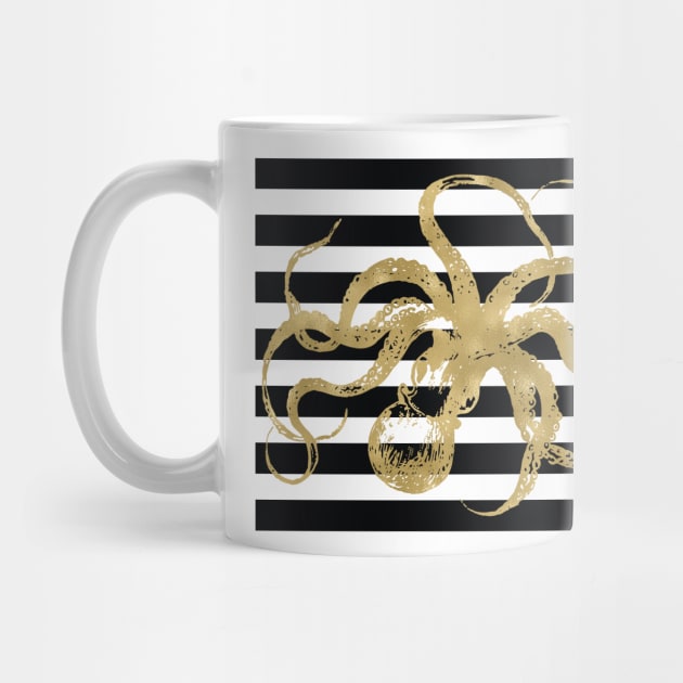 Gold Octopus on Black & White Stripes by AmyBrinkman